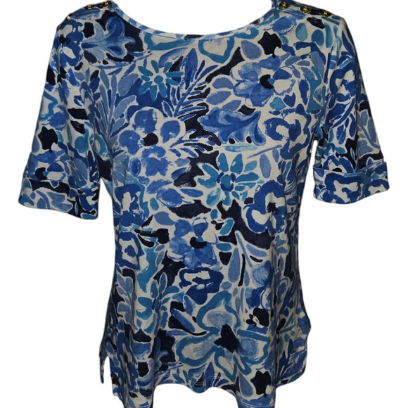 Green Label LAUREN Ralph Lauren Floral Gold Button Shoulder Cuffed Sleeve Top - Picture 1 of 3